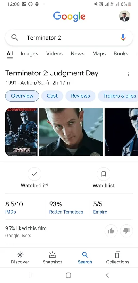 The image is a screenshot from a mobile device displaying a Google search result for the movie "Terminator 2: Judgment Day." The search query "Terminator 2" is entered, and the results show detailed information about the film. At the top, there's a title with the movie's name, release year (1991), genre (Action/Sci-fi), and duration (2 hours and 17 minutes). Below the title, there are options to view the movie's overview, cast, reviews, and trailers or clips.
The screenshot includes images related to the film, such as a movie poster and characters from the film. The ratings for the movie are prominently displayed: 8.5/10 on IMDb, 93% on Rotten Tomatoes, and 5/5 on Empire. Additionally, it notes that 95% of Google users liked this film. The page offers options to mark the film as "Watched" or add it to a "Watchlist." The screenshot captures the organized layout typical of Google search results on a mobile device.