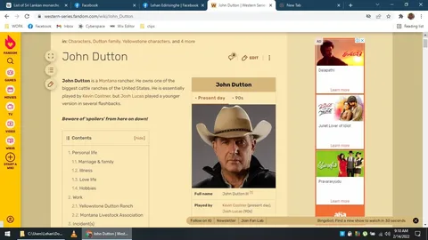 The image is a screenshot of a Fandom page dedicated to the character John Dutton from the TV series "Yellowstone." The page features a profile picture of John Dutton, portrayed by Kevin Costner, wearing a cowboy hat and a dark jacket. The text describes John Dutton as a Montana rancher who owns one of the biggest cattle ranches in the United States. The character is primarily played by Kevin Costner, with Josh Lucas portraying a younger version in flashbacks.
The layout includes a sidebar with links to other sections like characters, Dutton family, and "Yellowstone" characters. There is a structured content section with headings such as "Personal life," "Work," and "Incidents." Advertisements for other shows are visible on the right side of the page. The overall design features a beige and brown color scheme, typical of Fandom pages. The screenshot was taken on Windows, as indicated by the visible taskbar at the bottom showing open tabs and applications.