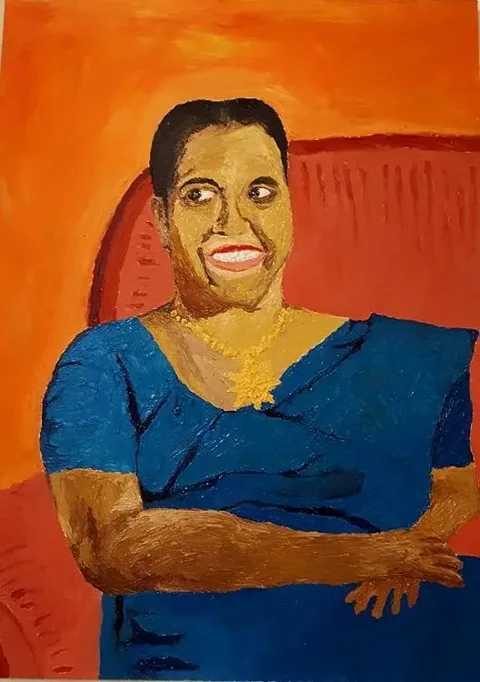 The image is a vibrant, expressive painting of a person named Milina Sumathipala. She is depicted seated against a bright orange background, which contrasts with her deep blue attire. Her attire appears to be a sari, a traditional garment, and she is adorned with a gold necklace, adding a touch of elegance to her appearance. Milina's expression is lively and engaging, with a broad smile that conveys warmth and friendliness. Her arms are crossed casually in front of her, contributing to a relaxed demeanor.
The painting is done in a bold, impressionistic style, with visible brush strokes and a rich color palette that adds depth and texture. The use of vivid colors like orange and blue creates an energetic atmosphere. The background features subtle patterns that suggest a textured surface, possibly a couch or chair, enhancing the intimate setting. Overall, the artwork captures both personality and mood, giving it an inviting and cheerful quality.