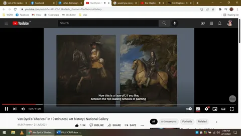 The video frame is from YouTube, taken from a video titled "Van Dyck's 'Charles I' in 10 minutes | Art history | National Gallery" by The National Gallery. It shows a comparison between two paintings attributed to the renowned artist Van Dyck, illustrating his depiction of Charles I. On the left, one painting captures a regal figure on horseback, dressed in a richly detailed yellow outfit and a wide-brimmed hat, set against a dark, moody background. The right painting also features a mounted Charles I, with a more dynamic posture, against a brighter, more natural backdrop with blue skies and trees. This juxtaposition highlights different stylistic approaches and lighting techniques used by Van Dyck. The video is part of an art history discussion, as suggested by the caption: "Now this is a face-off, if you like, between the two leading schools of painting," indicating an analysis of artistic schools or styles.
- Title: "Van Dyck's 'Charles I' in 10 minutes | Art history | National Gallery"
- Channel / profile: "The National Gallery"
- Site / app: "YouTube"
- Captions / subtitles: "Now this is a face-off, if you like, between the two leading schools of painting"