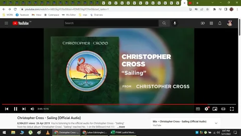 The image is a screenshot of a YouTube video featuring the official audio for the song "Sailing" by Christopher Cross. The video is playing on the YouTube platform, as indicated by the familiar interface elements such as the play button, timeline, and control icons at the bottom of the screen. The title of the video, "Christopher Cross - Sailing (Official Audio)," is prominently displayed below the video, along with the view count and upload date, which is April 26, 2019.
The main visual element is the album artwork on the left side, featuring a flamingo standing in water, encircled by a decorative border against a dark green background. The text "CHRISTOPHER CROSS" and "Sailing" is boldly displayed on the right side, with "FROM CHRISTOPHER CROSS" beneath it. The video is paused at 3:44 out of a total duration of 4:15 minutes.
The browser tabs and URL bar are visible at the top, showing that the user is browsing multiple tabs. The desktop taskbar at the bottom shows various applications and the current time as 4:47 PM on May 21, 2022. The image captures a moment during the playback of this classic soft rock song, providing an overview of the video's presentation and the digital environment in which it is viewed.
- Title: "Christopher Cross - Sailing (Official Audio)"
- Channel / profile: "Christopher Cross"
- Site / app: "YouTube"