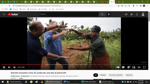 The image is a screenshot from a YouTube video titled "Extreme economic crisis: Sri Lanka has one day of petrol left," published by Channel 4 News. The scene takes place outdoors in a rural or agricultural setting, with green foliage and palm trees in the background. Three men are engaged in what appears to be a discussion or demonstration. The man on the left is wearing a dark blue shirt and glasses, leaning slightly forward. The man in the center, dressed in a blue shirt, is gesturing with his arms outstretched, while the man on the right, wearing a green shirt and a cap, appears animated as he points. The expressions and body language suggest an intense conversation, possibly related to the economic crisis mentioned in the title. The environment is brightly lit, indicating it is daytime. The video was watched 95,685 times as of May 18, 2022, highlighting the urgency and interest in the topic.
- Title: "Extreme economic crisis: Sri Lanka has one day of petrol left"
- Channel / profile: "Channel 4 News"
- Site / app: "YouTube"