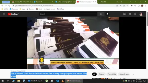 ```
The image is a screenshot from a YouTube video by the channel WION. The main focus is a stack of documents, prominently featuring Sri Lankan passports. The scene appears to be indoors with a close-up view of the passports and related paperwork spread across a table. The passports have a dark cover with the Sri Lankan emblem embossed in gold, creating a contrast against the white and colored documents beneath them. The lighting is bright enough to highlight the details on the passports and papers.
The header of the video boldly states, "The economic crisis forces Sri Lankans to flee as they seek passport to a better life," indicating a discussion about the economic situation in Sri Lanka and its impact on citizens. A caption at the bottom reads, "Sri Lankan PM predicts food crisis in the country," highlighting concerns about a looming crisis. The key on-screen text "COLOMBO, SRI LANKA" provides a geographic context, suggesting where this situation is unfolding.
The image is part of a broader narrative on the economic challenges faced by Sri Lankans, pushing many to seek opportunities abroad. The neatly organized documents suggest a formal setting, possibly an office or government institution where passport applications are processed. The presence of numerous passports implies a significant number of people are involved, further emphasizing the gravity of the crisis.