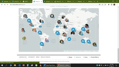 The image shows a webpage from Automattic's "About Us" section, featuring a world map with various user or team locations highlighted. Each location on the map is marked with either a circular photograph or a blue circle with an "A" and a number inside, indicating the number of individuals or representatives in that location. The map spans globally, showing clusters in North America, Europe, Asia, and other regions. In the background, the map is detailed with countries and oceans labeled, providing a global perspective of the company's distribution.
The bottom of the page includes links such as "Contact Us," "Diversity," "Press," and "Privacy Policy." The footer mentions Automattic Inc. being purveyors of fine blogging and site-building services since 2005. The text is small and placed at the bottom, just above the map credits, which attribute map data to OpenStreetMap and Mapbox. The browser tabs and taskbar are visible, indicating a desktop view. The overall mood is professional and informative, showcasing the company's global reach and diverse team.