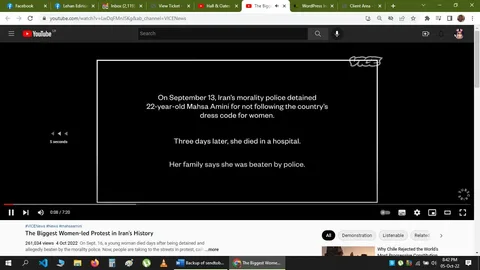 The screenshot is from a YouTube video titled "The Biggest Women-led Protest in Iran’s History," published by VICE News. The video frame shows a black background with white text, providing key information about a significant event involving Mahsa Amini. It states that on September 13, Iran’s morality police detained 22-year-old Mahsa Amini for allegedly not adhering to the country's dress code for women. Three days later, she died in a hospital, with her family claiming she was beaten by police.
The design is minimalistic, focusing solely on delivering this impactful text. The VICE logo is visible in the top right corner, indicating the publisher. Below the video, metadata shows it has 261,034 views and was published on October 4, 2022. The video is part of a broader discussion about protests in Iran, as indicated by the hashtags "#News" and "#mahsaamini." The scene's stark contrast enhances the gravity of the message, aimed at informing viewers about the sociopolitical context and the ensuing protests.