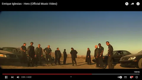 The video frame is from the official music video for "Hero" by Enrique Iglesias. It shows a tense outdoor scene in a desert setting. A group of men, all dressed in dark clothing, are standing in a semi-circle. The atmosphere is serious and confrontational. The lighting suggests it's either early morning or late afternoon, with a clear sky in the background. Several cars are parked nearby, adding to the dramatic and suspenseful ambiance. The scene is part of a narrative that unfolds in the music video, enhancing the emotional and storytelling aspects of the song.
- Title: "Enrique Iglesias - Hero (Official Music Video)"
- Channel / profile: "Vevo"
- Site / app: "YouTube"
