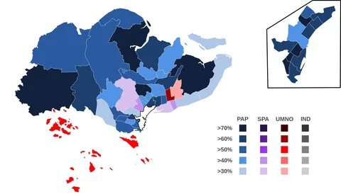 The image displays a color-coded map illustrating election results across different regions of Singapore. Each area is shaded according to the percentage of votes received by different parties, indicated by a legend. The parties denoted include PAP (People's Action Party), SPA (Singapore People's Alliance), UMNO (United Malays National Organization), and IND (Independent candidates). The map uses different shades of blue, purple, red, and gray to represent varying vote shares, ranging from over 30% to over 70%.
The main map is accompanied by an inset showing a magnified view of a specific area, likely for clarity in regions with more complex divisions. The color gradient helps visualize how each party performed in different districts. The overall design is clear, with sharp lines defining regional boundaries, ensuring distinct separation between electoral results. This map provides a visual summary of voting outcomes, offering a clear snapshot of political support across the nation.