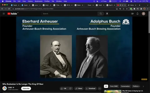 The image is a screenshot from a YouTube video titled "Why Budweiser Is No Longer The King Of Beer" by CNBC. It features a presentation slide showing two historical black and white portraits. On the left, the portrait of Eberhard Anheuser is displayed. He is depicted sitting with a formal and dignified posture, wearing a suit with a bow tie, suggesting a sense of authority and professionalism. On the right, the portrait of Adolphus Busch is shown, also in a formal suit, with a side profile view that highlights his thoughtful expression. Both men are identified as founders of the Anheuser-Busch Brewing Association, with their names prominently displayed above their images. The background of the slide is a muted blue, which contrasts with the grayscale of the portraits, adding a modern touch to the historical theme. The CNBC logo is visible on the top right corner, reinforcing the credibility and source of the content.
