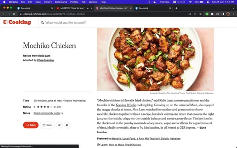 The image shows a recipe page for "Mochiko Chicken" on The New York Times Cooking website. The title "Mochiko Chicken" is prominently displayed at the top, followed by the attribution "Recipe from Relle Lum" and "Adapted by Elyse Inamine." To the right, there's a vibrant image of Mochiko Chicken, which appears to be golden-brown and garnished with sliced green onions. The chicken is arranged appetizingly on a white plate against a soft pink background, highlighting the dish's crispy texture and savory appeal. Below the image, the page provides detailed information: the preparation time is listed as 35 minutes, with an additional requirement of at least 4 hours for marinating. The recipe has a rating of four stars based on 102 reviews. The description includes a quote from Relle Lum, explaining that Mochiko chicken is a beloved Hawaiian dish known for its juicy inside and crispy outside, achieved by marinating the chicken in soy sauce, sugar, and scallions, then frying it. The article encourages readers to learn more about Hawaiian 'Local Food' and provides links to related topics.