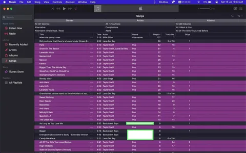 The image is a screenshot of a music library interface, possibly from the Music app on a computer. The background color is a dark purple, which contrasts with the white text. The interface has several columns, including "Title," "Time," "Artist," "Genre," "Plays," "Track No.," and "Skips." The songs listed are from well-known artists like Billie Eilish, Lana Del Rey, Taylor Swift, Lady Gaga, and Backstreet Boys.
The "Genres" section shows "Alternative / Indie Rock / Rock," while the "Songs" section is sorted by plays, with Billie Eilish's "when the party's over" having the highest number of plays at 107. Several Taylor Swift songs are listed under the "Pop" genre, indicating a preference for her music. The list includes tracks with varying play counts, suggesting a diverse range of listening habits.
The top bar contains typical application menu options such as File, Edit, Song, View, Controls, Account, and Window, along with system information like battery percentage and time. The image captures a moment of organizing or reviewing a digital music library, highlighting the user's taste and listening patterns.