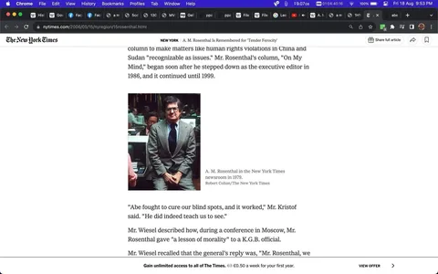 The image features A. M. Rosenthal, a notable figure in journalism, standing in the New York Times newsroom in 1979. Rosenthal is dressed in a formal suit with a tie, conveying professionalism. The background showcases a busy newsroom environment typical of the era, with people working at desks and computers visible, hinting at the bustling nature of a newspaper office. The lighting is bright, emphasizing the workspace ambiance. Rosenthal stands confidently with his hands resting in front, exuding an authoritative yet approachable demeanor.
The accompanying text is a tribute to Rosenthal's influential career, highlighting his efforts to address human rights issues and his moral stance during significant historical moments. The screenshot is from the New York Times website, with a subscription offer visible at the bottom, indicating a typical news article format. The headline "A. M. Rosenthal Is Remembered for 'Tender Ferocity'" suggests a reflective piece on his legacy, celebrating his impactful contributions to journalism.