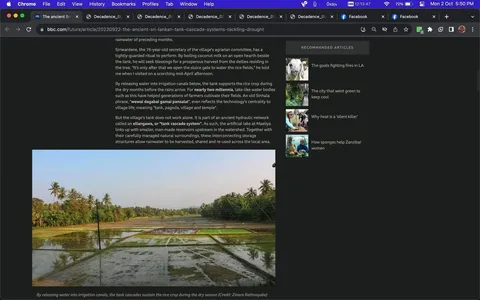 The screenshot is from a BBC article titled "The ancient Sri Lankan tank cascade systems tackling drought," showcasing the traditional water management systems in Sri Lanka. The image features an irrigated rice field with water reflecting the blue sky, surrounded by lush vegetation and palm trees. This serene landscape is indicative of the agricultural setting in Sri Lanka, where these ancient tank systems play a vital role in sustaining crops during dry seasons. The article discusses how these systems, known as tank cascade systems, are integrated into the local communities, providing a sustainable solution to drought conditions. The lighting in the image is bright and warm, suggesting a typical sunny day, enhancing the greenery and calm ambiance of the scene. This ancient hydraulic network is a testament to the ingenuity and resilience of past and present communities in managing water resources effectively.
- Title: "The ancient Sri Lankan tank cascade systems tackling drought"
- Site / app: "bbc.com"
- Captions / subtitles: "By releasing water into irrigation canals, the tank cascades sustain the rice crop during the dry season"