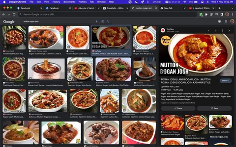 The image is a screenshot of a Google search results page displaying various images and links related to "Mutton Rogan Josh," a traditional Indian curry dish. The central theme of the search is the preparation and recipes of Rogan Josh, highlighting its rich red color and aromatic spices. The results showcase different presentations of the dish, often featuring tender pieces of mutton or lamb in a vibrant, spicy sauce.
On the right side of the screenshot, there's a prominent result from YouTube by Spice Eats, showing a close-up of the dish in a white bowl with the text "MUTTON ROGAN JOSH" overlaid in bold. This particular video was uploaded on March 2, 2021, and has amassed 1.16 million views and 15.7 thousand likes. The search results include images from various food blogs and recipe sites such as Times Food, Yummy Tummy Aarthi, and Licious, each displaying their own versions of the dish, often garnished with herbs for added color. The vibrant reds and deep browns of the curry dominate the visual palette, evoking the rich flavors and aromatic spices typical of Kashmiri cuisine.
- Title: "Mutton Rogan Josh"
- Site / app: "Google"