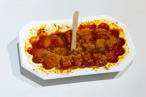 The image shows a traditional German dish known as currywurst, served in a white disposable tray with a small wooden fork inserted in the middle. The dish consists of sliced sausage covered in a rich, reddish-brown curry ketchup sauce, generously sprinkled with curry powder on top. The bright lighting highlights the vibrant colors of the sauce and the yellowish curry powder, making the dish appear appetizing and flavorful. The tray is placed on a clean, white surface, emphasizing the food as the main focus of the image. The setting suggests a casual or street food experience, common in German fast-food culture, where currywurst is a popular and beloved snack.