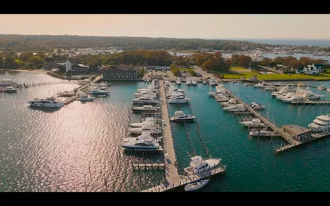 The image depicts a scenic aerial view of a marina filled with numerous yachts and boats, highlighting the vibrant marine lifestyle. The docks form an intricate pattern, extending into the turquoise waters, which shimmer under the golden sunlight. In the background, a cluster of buildings, including what seems like a clubhouse or restaurant, provides a quaint coastal town ambiance. The surrounding landscape is lush with greenery, indicating a serene and picturesque setting. The scene captures the tranquility of a coastal morning, hinting at leisurely activities and maritime adventures.
The on-screen text suggests a conversation with references to "(b)Rizwan" and "Mrs Emmanuel Macron," though their relevance to the image is unclear. The text appears to be part of a larger dialogue that includes personal references and potential business interactions. The image and conversation together paint a picture of a luxurious, possibly exclusive setting, intertwined with social connections and community life.
