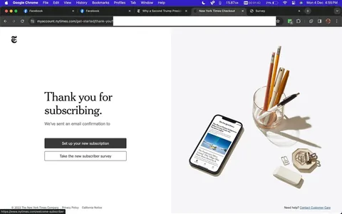 The screenshot shows a "Thank you for subscribing" confirmation page from the New York Times website. The page is split into two sections. On the left, there is a simple, white background with the New York Times logo and text thanking the user for subscribing, mentioning that an email confirmation has been sent. Below this message, there are two buttons: "Set up your new subscription" and "Take the new subscriber survey." The footer includes links to the Privacy Policy and California Notice, along with a copyright notice for 2023 and a contact link for customer care.
On the right side, there's a minimalist image featuring an arrangement of stationery items. A smartphone displays an article from the New York Times, alongside a glass holding several pencils and pens, a few paper clips, a clip holder, and an eraser. The lighting is bright, creating distinct shadows on the white background, contributing to a clean, organized aesthetic.