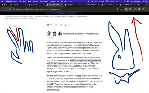 ```
The screenshot displays a section of a New York Times article titled "Why a Second Trump Term Is So Dangerous." The article is viewed in Google Chrome and discusses the political implications of a potential second term for Donald J. Trump. The text includes a reference to Trump's comments on the 1989 Tiananmen Square protests, where he expressed admiration for the Chinese government's show of strength during a Playboy magazine interview. The article is authored by Charlie Savage, Jonathan Swan, and Maggie Haberman, published on December 4, 2023.
The visual design includes hand-drawn blue and red lines, with a doodle resembling a rabbit next to the article text. The browser interface is visible, showing other open tabs, bookmarks, and navigation elements. The overall mood is serious, with the article's content focusing on geopolitical issues and historical events. The screenshot serves as a digital representation of contemporary political discourse, illustrating the intersection of historical analysis and modern political commentary.