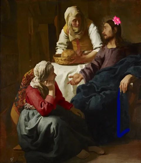 The image is a classic painting titled "Christ in the House of Martha and Mary." It depicts a biblical scene in a dimly lit indoor setting. Three figures are present: Christ, Martha, and Mary. Christ is seated on the right, wearing a dark robe with a pink flower added humorously to his hair. He gestures towards Mary, who sits on the left, resting her chin in her hand with a thoughtful expression. Martha stands behind them, holding a basket of bread, engaged in conversation. The women wear traditional clothing with headscarves, in earthy tones of red, blue, and white. The background is shadowy, adding depth to the intimate scene. The style is typical of a classical painting, with soft brushwork and a focus on religious themes. The added elements, like the flower and the letter "L" on Christ's robe, give a playful twist to the otherwise solemn depiction.