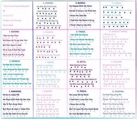 The image displays a collection titled "Tanka Love Poems Collection," written by Saint Lehan. This visually engaging image is divided into fifteen sections, each featuring a poem dedicated to a different individual. The layout is colorful, with each section outlined in pastel hues like pink, blue, and purple, creating a visually appealing and organized display. The poems are written in a tanka style, characterized by their 5-7-5-7-7 syllable structure.
Each poem is uniquely titled with a name, such as "1. NAYOMI:" and "2. DANIELA:", and contains a brief narrative or emotional expression associated with the person named. The background is white, ensuring that the text stands out clearly. The font is modern and legible, complementing the creative and personal nature of the content. There's a playful and intimate tone running throughout the poems, as they explore themes of love, relationships, and personal experiences. The overall presentation is both artistic and personal, reflecting the heartfelt nature of the poems.
- Title: "Tanka Love Poems Collection"