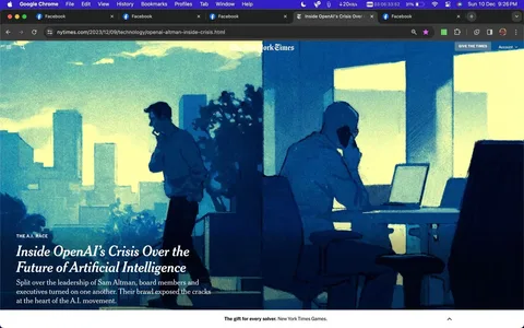 ```
The image is a digital illustration featured on a New York Times article, depicted in a blue and yellow color palette that creates a somber and tense mood. It shows two silhouetted figures in an office setting. One figure stands by a window, seemingly deep in thought or discussion, while the other is seated at a desk, engaged in a phone call. The cityscape outside the window adds depth to the background, suggesting a corporate environment. The scene is divided into two parts: one figure is backlit by the bright window, and the other is illuminated by a dimmer interior light, highlighting the contrast between the outside world and the indoor setting.
The illustration accompanies the article titled "Inside OpenAI’s Crisis Over the Future of Artificial Intelligence," published by The New York Times. The text mentions a leadership conflict involving Sam Altman, shedding light on internal strife among board members and executives at OpenAI. The visual composition, with its distinct use of shadow and light, effectively complements the narrative of a crisis and division within an organization. The choice of colors and the stylized representation of the figures underscore the gravity and complexity of the situation described in the article.
- Title: "Inside OpenAI’s Crisis Over the Future of Artificial Intelligence"
- Site / app: "New York Times"
