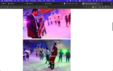 The screenshot showcases two vibrant and festive images displayed within a web browser on Google Chrome. The visible webpage belongs to dailymirror.lk, with the headline "Prepare to be swept away - caption-story." The images depict a lively indoor event with a snowy theme.
In the first image, a musician dressed in a formal black suit plays a saxophone, surrounded by artificial snow and colorful lights, creating a festive atmosphere. Several people can be seen enjoying the event in the background, their expressions suggesting engagement and enjoyment.
The second image features a person dressed as Santa Claus, standing amidst a group of attendees. The room is filled with artificial snow and colorful lighting, enhancing the festive mood. The background displays a sign with "SLAG" in large letters, contributing to the thematic decor.
The setting appears to be a celebration or themed event, possibly related to winter or the holiday season, given the presence of Santa Claus and the snowy environment. The combination of music, costumes, and lighting creates a joyful and immersive experience for the attendees.
- Title: "Prepare to be swept away - caption-story"
- Site / app: "Google Chrome"