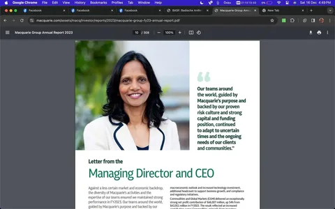 The image features a section of the Macquarie Group Annual Report 2023 displayed in a Google Chrome browser. It prominently includes a portrait of Shemara Wikramanayake, identified through the hint. She is depicted smiling warmly, wearing a white blazer with dark piping, suggesting a professional and confident demeanor. The background appears to be blurred greenery, likely indicating an outdoor setting, which contrasts with the crisp, formal attire of the subject. The layout is split, with Shemara Wikramanayake on the left and a block of text on the right, reinforcing her role as a central figure. The text includes a quote about the adaptability and purpose-driven approach of Macquarie's teams. Below the image, a section titled "Letter from the Managing Director and CEO" introduces a written message detailing company performance and strategic insights, emphasizing leadership in uncertain times. The overall tone is professional and optimistic, reflecting the corporate nature of the document.
- Title: "Macquarie Group Annual Report 2023"
- Site / app: "Google Chrome"
- Key OCR Lines:
- "Letter from the Managing Director and CEO"
- "Our teams around the world, guided by Macquarie's purpose and backed by our proven risk culture and strong capital and funding position, continued to adapt to uncertain times and the ongoing needs of our clients and communities."