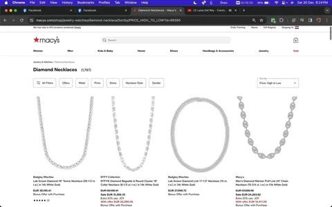 The image displays a webpage from Macy's featuring a selection of diamond necklaces. The page is titled "Diamond Necklaces" and shows products sorted by price from high to low. At the top, there are filters for different attributes like metal, price, and stone type. The first necklace is a Badgley Mischka Lab Grown Diamond 18" Tennis Necklace priced at EUR 39,195.41. Next, an EFFY Collection Diamond Baguette & Round Cluster 18" Collar Necklace is shown with a discount, priced at EUR 31,356.33. A Badgley Mischka Lab Grown Diamond Link 17-1/2" Necklace follows at EUR 27,996.72. Finally, Macy's Men's Diamond Mariner Puff Link 24" Chain Necklace is offered at a sale price of EUR 24,263.82. The page layout is organized, with each product accompanied by its name, price, and available discounts. The website's branding is evident at the top, and the background is a clean white, highlighting the jewelry.
- Title: "Diamond Necklaces"
- Site / app: "macy's"