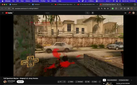 The image is a frame from a YouTube video titled "Full Spectrum Warrior - Original U.S. Army Version," uploaded by the channel "evilmer0dach." The scene depicts a gameplay moment from the game "Full Spectrum Warrior," a military simulation. The visual setting shows an urban environment with a beige stone building in the background, flanked by palm trees. Two cars, one white and one gray, are parked on the street.
In the foreground, a character seems to be affected by an explosion or gunfire, indicated by red graphic effects. The player interface displays directional controls and the status "TL Pt has survived," suggesting a tactical scenario is unfolding. The background lighting is bright, typical of a daytime setting, which highlights the sandy tones of the architecture. The game interface text includes labels like "BRAVO" and directional instructions ("AR," "TL," "G"), reflecting a focus on strategic military commands.
- Title: "Full Spectrum Warrior - Original U.S. Army Version"
- Channel / profile: "evilmer0dach"
- Site / app: "YouTube"