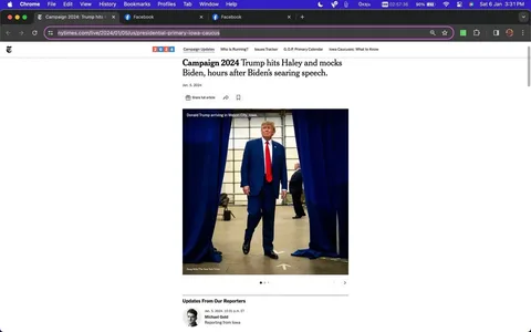 This screenshot depicts an article from The New York Times website, with the headline "Campaign 2024: Trump hits Haley and mocks Biden, hours after Biden’s searing speech." The article is published on January 5, 2024, and covers political events related to the 2024 presidential campaign. The featured image shows a man in a blue suit and red tie, identified as Donald Trump, walking through a blue curtain in Mason City, Iowa. The setting appears to be indoors, likely at a campaign or political event, as suggested by the backdrop and context.
The lighting is bright, highlighting the figure prominently against the otherwise neutral background. In the lower section of the screenshot, there are updates from reporters, including a timestamp of "Jan. 5, 2024, 10:31 p.m. ET," and a note from Michael Gold, reporting from Iowa. The page layout includes navigation links and a share button for the full article, indicating its digital format. The presence of political figures and recent events suggests the image's relevance to current political discourse and campaign activities.