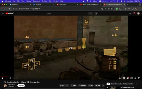 The image is a screenshot from a YouTube video titled "Full Spectrum Warrior - Original U.S. Army Version," uploaded by the channel "evilmer0dach." The game depicted is "Full Spectrum Warrior," a military tactical simulation. The scene shows a group of soldiers in a formation, equipped with military gear, including helmets and rifles. They are positioned indoors, likely in a building with decorative walls, indicating a middle-eastern or Mediterranean setting.
The interface displays various tactical commands and indicators, such as "TL," "AR," "SL," and "G," which are likely controls for team movement or strategy. The word "GO!" is prominently displayed, suggesting a command for the soldiers to advance. The graphics have a realistic, immersive quality typical of military simulation games, emphasizing strategy and squad-based tactics. The colors are muted, with earthy tones dominating the palette, reflecting the serious and intense atmosphere of the game. The lighting is natural, and details like the texture of the walls add to the realism of the environment.
- Title: "Full Spectrum Warrior - Original U.S. Army Version"
- Channel / profile: "evilmer0dach"
- Site / app: "YouTube"