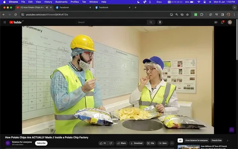 In this screenshot from a YouTube video titled "How Potato Chips Are ACTUALLY Made // Inside a Potato Chip Factory," two individuals are featured in a factory setting. They are standing in front of a wall filled with charts and text related to quality control, indicating they're discussing or overseeing some aspect of chip production. Both are wearing safety vests, hard hats, and hair nets—a common requirement in food production environments for safety and hygiene. One person, on the left, is wearing a yellow hard hat and appears to be engaged in a conversation while holding a potato chip. The individual on the right, wearing a blue cap, is also tasting a chip, suggesting they might be evaluating the product's quality. The mood appears professional and focused. In the foreground, there are open bags of chips and some chips on a table, reinforcing the video's topic about potato chips. The overall lighting is bright and conducive to industrial workspaces.
- Title: "How Potato Chips Are ACTUALLY Made // Inside a Potato Chip Factory"
- Channel / profile: "Science for everyone"
- Site / app: "YouTube"