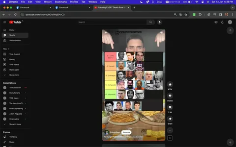 The screenshot displays the YouTube Shorts interface on a desktop browser. The video titled "Ranking EVERY Death Row Meal: Alton Coleman" is from the channel "@JoshSlavin" and is part of a tier list ranking video. The tier list prominently features five categories labeled from "S - (THE BEST)" to "D - (abysmal)," with various images of people placed within each tier. The screenshot shows the rankings of meals associated with different individuals, focusing on the meal of Alton Coleman. The video interface is dark-themed, with the YouTube logo, search bar, and options like "Home," "Shorts," and "Subscriptions" visible on the left sidebar. The subtitle, "thus far so I'm placing this meal in s tier," suggests the ongoing assessment of meals. The image also shows engagement metrics with 472K likes and 3.9K comments. At the bottom, a glimpse of food items on a table is visible, possibly related to the meal being discussed.