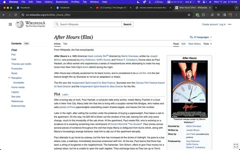 The screenshot shows a Wikipedia page for the film "After Hours," directed by Martin Scorsese. The page provides an overview of the film, describing it as a 1985 American black comedy. It highlights that the screenplay was written by Joseph Minion, and production credits are given to Amy Robinson, Griffin Dunne, and Robert F. Colesberry. The page notes that the film is critically acclaimed for its black humor and classified as a cult film. A theatrical release poster by Marvin Mattelson is visible on the right side, depicting a man hanging from a clock face, suggesting themes of time and urgency. The layout includes sections for the plot, cast, themes, production, and reception, though only part of the plot summary is visible. The page is part of Wikipedia, a free online encyclopedia, and is designed with typical Wikipedia styling, featuring a navigation sidebar and a search bar at the top. The screenshot captures the article under the title "After Hours (film) - Wikipedia," with browser tabs and other interface elements visible at the top of the screen.