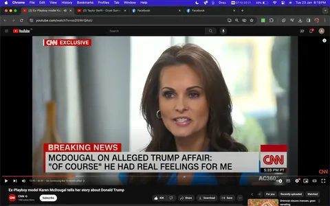 The video frame is a screenshot from a CNN interview featuring Karen McDougal, highlighted in the title as an "Ex-Playboy model," discussing an alleged affair with Donald Trump. The setting is an indoor interview with a neutral, soft background. Karen McDougal is centrally positioned, speaking directly to the camera. She has long brown hair and is wearing a blue outfit, accessorized with earrings, conveying a professional yet approachable demeanor. Her expression is composed and earnest, reflecting the serious nature of the topic discussed.
The video is hosted on YouTube, as indicated by the browser details surrounding the frame, and is part of CNN's channel, which has 16 million subscribers. The on-screen text underneath the "BREAKING NEWS" banner reads, "MCDOUGAL ON ALLEGED TRUMP AFFAIR: 'OF COURSE' HE HAD REAL FEELINGS FOR ME," capturing a significant quote from the interview. The timestamp at the bottom right shows "5:28 PM PT," placing the broadcast in a specific time context. The overall mood of the frame is serious, given the nature of the discussion, with a clean, journalistic presentation.