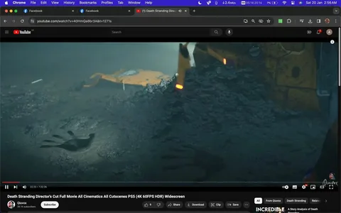 The image is a screenshot from a YouTube video titled "Death Stranding Director's Cut Full Movie All Cinematics All Cutscenes PS5 (4K 60FPS HDR) Widescreen," hosted on the channel "Qiuvox." The scene appears to be from the game "Death Stranding." It features a muddy surface with distinct handprints, suggesting the presence or movement of a character. In the background, construction machinery or a vehicle is partially visible with a yellow and orange color scheme, adding a sense of an industrial or post-apocalyptic environment. The lighting is dim, evoking a somber and mysterious mood typical of the game's atmospheric style. The video is displayed in widescreen format, indicating a cinematic presentation. This particular frame captures the game's eerie and otherworldly aesthetic, reflective of its unique narrative and design.