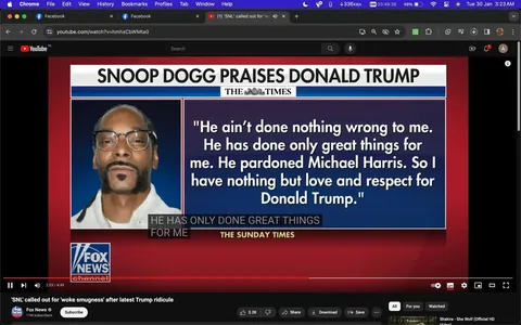 The image is a screenshot from a YouTube video titled "'SNL' called out for 'woke smugness' after latest Trump ridicule" on the Fox News channel. The screenshot prominently features a news graphic from Fox News showcasing a statement attributed to the rapper Snoop Dogg, where he praises Donald Trump. The graphic is split into two sections.
On the left, there is a photo of Snoop Dogg. He is wearing glasses, and his expression appears neutral. The background behind him is a solid color, adding focus to his image.
On the right, there is text attributed to Snoop Dogg stating that Trump hasn't done anything wrong to him and has done great things, including pardoning Michael Harris. The text indicates appreciation and respect towards Donald Trump. The background behind the text is dark blue with white text, making it easy to read.
In the lower section of the video, YouTube’s interface is visible, showing options for subscribing, liking, and sharing the video. There are also captions/subtitles present, transcribing what is being said. The browser tabs and URL bar at the top indicate that the video is being viewed on a Chrome browser.