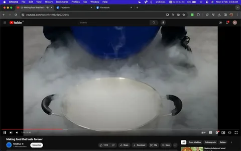 The image is a screenshot from a YouTube video titled "Making food that lasts forever" by the channel NileBlue. The video is playing at the 7:24 mark. The scene depicts a pot with handles filled with a smoky substance, likely indicating a scientific experiment involving liquid nitrogen or a similar cooling process. The pot is at the center of the frame, and a dense fog surrounds it, creating a dramatic visual effect. The background is slightly blurred, focusing the viewer's attention on the pot and the smoke. The style suggests a controlled indoor setting, possibly a laboratory or kitchen environment dedicated to food science or preservation experiments. The visual mood is engaging and mysterious, enhanced by the misty effect of the vapor. The video is part of NileBlue's content, known for scientific exploration and educational entertainment. The interface displays standard YouTube elements, including video title, channel name, and subscriber count, with the video controls visible below.
