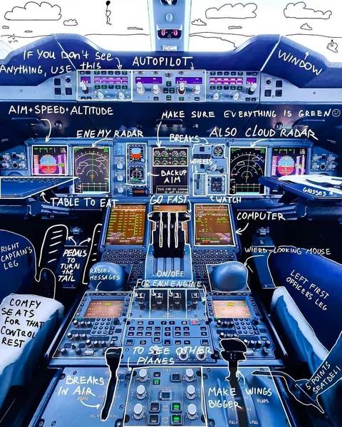 This illustration humorously depicts an airplane cockpit with various labels that parody the functions of the controls. The cockpit is detailed with numerous screens, buttons, and levers, all labeled with playful and comedic annotations. For instance, "AUTOPILOT" is marked near the top, alongside a note saying, "IF YOU DON'T SEE ANYTHING, USE THIS." The instruments are whimsically labeled, such as "ENEMY RADAR," "GO FAST," and "MAKE WINGS BIGGER." These annotations humorously reinterpret the complex equipment found in a cockpit.
The environment is depicted with exaggerated, cartoon-like clouds visible through the cockpit windows, enhancing the lighthearted tone. The artwork uses a vibrant color palette predominantly featuring blues and greys, typical of an airline cockpit, contrasted by the white hand-drawn text. The left and right sides are marked with humorous labels for the pilot and co-pilot positions, such as "RIGHT CAPTAIN'S LEG" and "LEFT FIRST OFFICER'S LEG."
The style of the illustration is a blend of realism and cartoonish elements, with realistic renderings of the cockpit equipment but playful text additions. Overall, the piece humorously demystifies the complexity of flying an airplane by assigning amusingly simplistic roles to each piece of equipment.