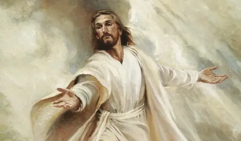 This illustration depicts a serene and inviting portrayal of Jesus Christ. The artwork captures Jesus with open arms, symbolizing welcome and acceptance. He is dressed in a flowing white robe, which is a common representation of purity and holiness. The background is a soft blend of light and clouds, creating an ethereal and divine atmosphere that enhances the spiritual theme of the image. The lighting is gentle, focusing on Jesus' face and hands, which adds a sense of warmth and compassion to his expression. The brushwork is smooth, contributing to the serene and calming mood of the piece. There is a sense of movement in the way the robe drapes, suggesting an invitation to step forward. The illustration focuses on conveying a message of peace, love, and openness.