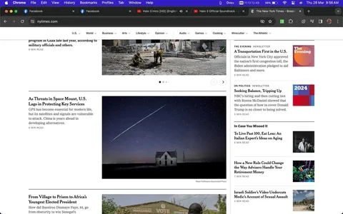 The screenshot captures a section of the New York Times website, displaying an article titled "As Threats in Space Mount, U.S. Lags in Protecting Key Services." The headline highlights concerns about the vulnerability of GPS satellites and signals, with mention of China's advancements in alternatives. The accompanying image shows a dramatic night sky filled with stars, with a bright streak suggesting a shooting star or satellite. Below, a solitary house sits against a dark landscape, adding a sense of isolation and vulnerability that complements the article's theme.
At the top, the browser interface is visible, showing open tabs for Facebook and media related to "Halo 3," specifically the "Halo 3 Intro [HD]" and "Halo 3 Official Soundtrack." This suggests the user is engaged with both current news and entertainment content. To the right of the main article, the site features additional links to newsletters and smaller articles, such as "A Transportation First in the U.S." and "Seeking Balance, Tripping Up," each with brief descriptions and estimated reading times.
Overall, the composition balances text and imagery effectively, with the stark contrast of the night sky image drawing attention to the article's thematic concerns. The user interface elements at the top indicate typical browsing behavior, with a combination of social media and specific interests like gaming soundtracks.