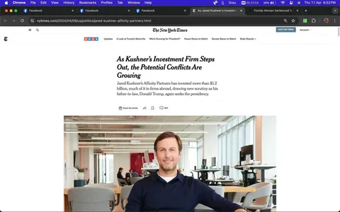 The image is a screenshot from a New York Times article titled "As Kushner’s Investment Firm Steps Out, the Potential Conflicts Are Growing." The article discusses investment activities by Jared Kushner’s firm, Affinity Partners, which has invested over $1.2 billion, with much of it in international firms. This has led to increased scrutiny as his father-in-law, Donald Trump, seeks the presidency again. The visual setting is an indoor office space, featuring modern decor with open sitting areas and large windows that allow natural light to flood the room. In the foreground, a person is seated casually in a chair, wearing a dark long-sleeve shirt. The atmosphere is professional, and the background shows a few people engaged in conversation or working at desks, suggesting a collaborative work environment. The lighting is bright, emphasizing a contemporary and open office design. The screenshot is from the New York Times website, as indicated by the branding at the top of the page.