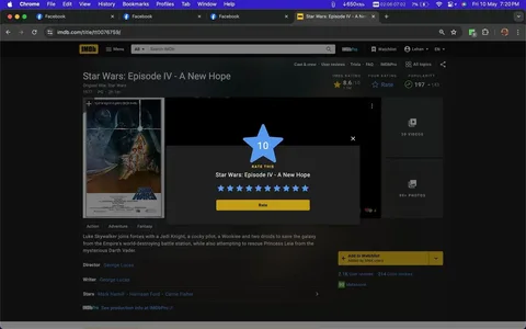 The image is a screenshot of the IMDb page for the film "Star Wars: Episode IV - A New Hope." The page prominently displays the movie's title and shows an original poster with iconic artwork featuring characters such as Luke Skywalker and Princess Leia. The background is dark, highlighting the poster and text.
A pop-up window dominates the center of the screen, revealing a rating interface where a user named Lehan has rated the movie 10 out of 10. The film's synopsis is visible, mentioning key characters and elements like Jedi Knight, Wookiee, and Darth Vader. The page lists George Lucas as both the director and writer, along with stars Mark Hamill, Harrison Ford, and Carrie Fisher. The IMDb rating is 8.6/10 based on 1.5 million ratings.
Overall, the screenshot captures a blend of user interaction and film information on the IMDb website, showcasing the lasting popularity and high regard of this classic sci-fi film.
- Title: "Star Wars: Episode IV - A New Hope"
- Site / app: "IMDb"