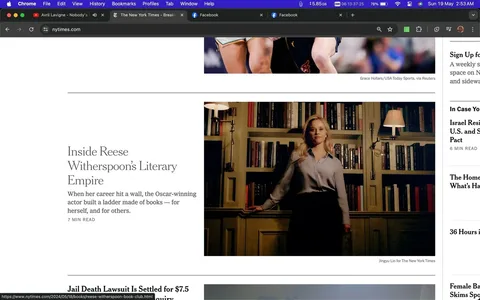 The image is a screenshot from the New York Times website, featuring an article titled "Inside Reese Witherspoon’s Literary Empire." The article discusses how Reese Witherspoon, an Oscar-winning actor, turned to books to rebuild her career. The website’s layout is typical of a news site, with multiple tabs open in the browser, including Facebook and a music video by Avril Lavigne.
In the image, Reese Witherspoon is standing confidently in a library setting, surrounded by books on shelves. She is wearing a light-colored blouse and dark skirt, with her blonde hair styled loosely. The lighting is warm, giving the room a cozy and intellectual atmosphere. The composition highlights Witherspoon as an authoritative figure in the world of literature, as she stands against a backdrop of books, symbolizing her literary influence. The text provides a brief insight into the article’s content and suggests a reading time of seven minutes.