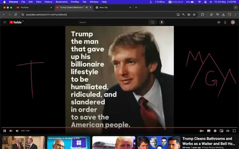 This image is a screenshot from a YouTube video titled "Trump Cleans Bathrooms." It features a young man in a suit and tie, with short, light-colored hair, positioned to the right of the frame. The background is neutral, highlighting the individual prominently. To the left of the image, there's a block of text that reads: "Trump the man that gave up his billionaire lifestyle to be humiliated, ridiculed, and slandered in order to save the American people." The text is bold and white, contrasting against a darker background for emphasis.
The video interface at the top shows YouTube's typical layout with navigation and tab options visible, set against a dark mode theme. Below, there's a timeline indicating the video is 4:02 into a total of 4:28. The bottom of the screen features related video thumbnails, suggesting content about Trump, with various faces and imagery related to the theme. The mood of the screenshot suggests a promotional or supportive narrative, potentially focused on the individual's choices and sacrifices. The word "MAGA" is stylized in red on the right side, hinting at a political message.