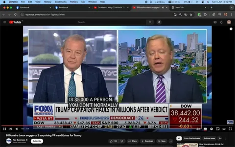 1) The image is a screenshot from a YouTube video featuring a Fox Business news segment. The segment is titled "Billionaire donor suggests 2 surprising VP candidates for Trump." The video displays a split-screen interview with two men. On the left, a man in a blue checked suit and a light blue tie is seated in a studio, appearing attentive and engaged. On the right, another man in a dark suit with a purple striped tie is speaking, set against a backdrop of a cityscape with skyscrapers and greenery.
The Fox Business logo is prominently displayed in the lower third of the screen along with a news ticker showing financial information, including the Dow Jones Industrial Average at 38,442.00, down by 244.32 points or 0.63%. Other stocks mentioned include GameStop and Berkshire. Captions at the bottom of the screen read, "IS $5,000 A PERSON. YOU DON'T NORMALLY." The overall tone is formal and informative, typical of a business news broadcast.
- Title: "Billionaire donor suggests 2 surprising VP candidates for Trump"
- Channel / profile: "Fox Business"
- Site / app: "YouTube"
- Captions / subtitles: "IS $5,000 A PERSON. YOU DON'T NORMALLY"