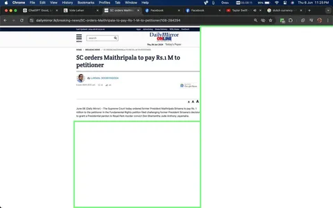 The screenshot captures a news article from the Daily Mirror website. The headline reads, "SC orders Maithripala to pay Rs.1 M to petitioner," with the article authored by Lakmal Sooriyagoda. The article was published on June 6, 2024, at 10:31 pm. The main content outlines a Supreme Court order requiring former President Maithripala Sirisena to pay Rs. 1 million to a petitioner. This is in relation to a Fundamental Rights petition challenging Sirisena's decision to grant a Presidential pardon to Don Shamantha Jude Anthony Jayamaha, a convict in the Royal Park murder case. The website's branding is evident at the top as "Daily Mirror ONLINE," with navigation options visible, including sections for news and articles. The screenshot is from a web browser, as indicated by the browser header and multiple open tabs. The layout is typical of an online news article, with the headline and author details prominently displayed.
