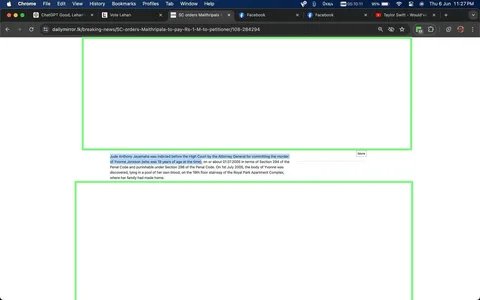 The screenshot shows a webpage viewed in the Chrome browser, with the tab title reading "SC orders Maithripala to pay Rs 1 M to petitioner." The screenshot prominently displays text from an article on the website dailymirror.lk. The text discusses a legal case involving Jude Anthony Jayamaha, who was indicted for the murder of Yvonne Jonsson in 2005. It details the circumstances of the crime, including the discovery of Yvonne's body on the 19th floor stairway of the Royal Park Apartment Complex. The screenshot highlights the legal implications, referencing specific sections of the Penal Code. The browser interface is visible, showing multiple open tabs and typical browser controls like back/forward buttons and a URL bar. The overall tone is serious and factual, focusing on a high-profile court case.