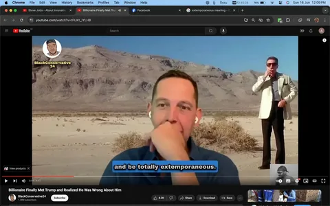 The screenshot is from a YouTube video titled "Billionaire Finally Met Trump and Realized He Was Wrong About Him," posted by the channel BlackConservative24. The video has a subtitle that reads, "and be totally extemporaneous." The scene appears to blend a virtual meeting setting with a desert landscape background. In the foreground, a man is visible, seemingly engaged in a video call, wearing earbuds and resting his chin on his hand, suggesting deep thought or consideration. The backdrop features arid terrain with mountains under a clear blue sky, adding a surreal touch to the virtual meeting framework.
To the right, another figure stands, dressed in a light-colored suit, sunglasses, and appears to be smoking, contributing to a composed and somewhat cinematic ambiance. The channel's logo, depicting a stylized profile picture, is visible with the text "BlackConservative24" prominently displayed. The screenshot showcases typical YouTube interface elements, including the video's progress bar, view count, and like/dislike buttons, indicating viewer engagement. The overall tone combines elements of modern technology with a classic film-like setting, enhancing the video's discussion theme.
- Title: "Billionaire Finally Met Trump and Realized He Was Wrong About Him"
- Channel / profile: "BlackConservative24"
- Site / app: "YouTube"
- Captions / subtitles: "and be totally extemporaneous."