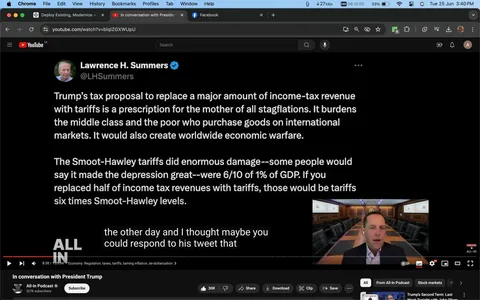 The image is a screenshot from a YouTube video titled "In conversation with President Trump," hosted on the "All-In Podcast" channel. The video appears to be a discussion or interview format, focusing on economic topics. In the foreground, there is a small video call window showing a person in a professional setting, possibly a meeting room with multiple chairs and a large screen behind them. The person is wearing a dark jacket and white shirt, speaking with a serious expression.
The main part of the image features a tweet from Lawrence H. Summers, discussing Trump's tax proposal. Summers critiques the proposal to replace income-tax revenue with tariffs, warning of economic consequences like stagflation and global economic conflict. He references historical tariffs, specifically the Smoot-Hawley tariffs, highlighting their damaging impact during the Great Depression.
The video frame also includes YouTube interface elements like play/pause buttons, video duration, and a view count. The background is dark, ensuring that the text stands out clearly. The subtitles at the bottom capture a spoken line from the conversation, indicating a response to the tweet.
- Title: "In conversation with President Trump"
- Channel / profile: "All-In Podcast"
- Site / app: "YouTube"
- Captions / subtitles: "the other day and I thought maybe you could respond to his tweet that"