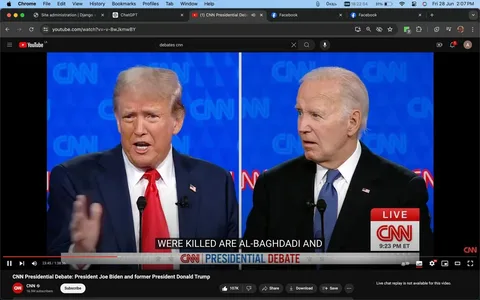 1) Rich description (8–12 sentences): The image is a video frame from a YouTube video showing a CNN Presidential Debate featuring President Joe Biden and former President Donald Trump. The screen is split into two halves, each showing one of the figures. On the left, Donald Trump is speaking with a gesture of his right hand visible. He is wearing a dark suit with a white shirt and a bright red tie, and appears to be in mid-sentence, emphasizing his point. On the right, Joe Biden is seen looking towards Trump with a slightly open mouth, suggesting attentiveness or a reaction. Biden is dressed in a dark suit with a white shirt and a blue tie. The background for both is a bright blue with the CNN logo repeatedly displayed, indicating the network broadcasting the debate. At the bottom of the frame is a caption reading "WERE KILLED ARE AL-BAGHDADI AND," suggesting a discussion about a specific topic. The CNN logo and the word "LIVE" with the time "9:23 PM ET" are prominently displayed, indicating that this is a live broadcast. The setting is clearly an indoor debate environment with professional lighting and high-quality video production typical of televised political events.
2) On-screen text block:
- Title: "CNN Presidential Debate: President Joe Biden and former President Donald Trump"
- Channel / profile: "CNN"
- Site / app: "YouTube"
- Captions / subtitles: "WERE KILLED ARE AL-BAGHDADI AND"